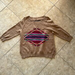 Mad Love Navajo Print Tan 3/4 Sleeve Sweater, Size Medium - Like New